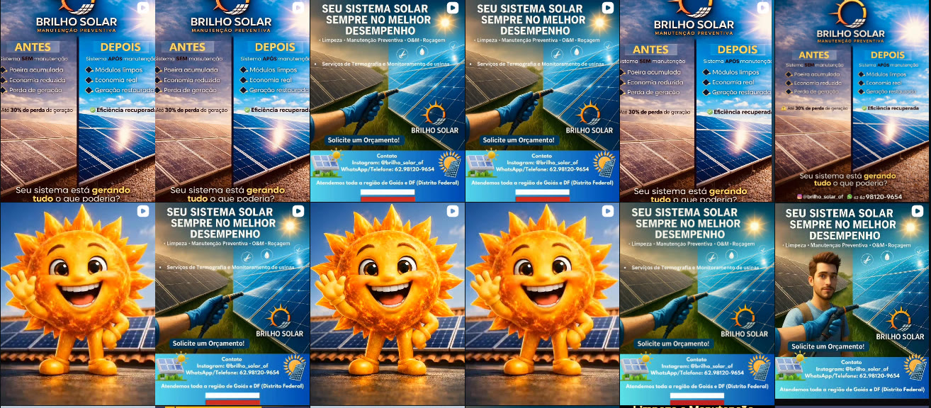 Doze publicações do feed da Brilho Solar repetindo três artes